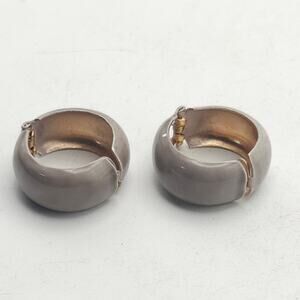 Vintage Gray Taupe Enamel Clip On Hoop Earrings Chunky Domed Gold Tone Huggie